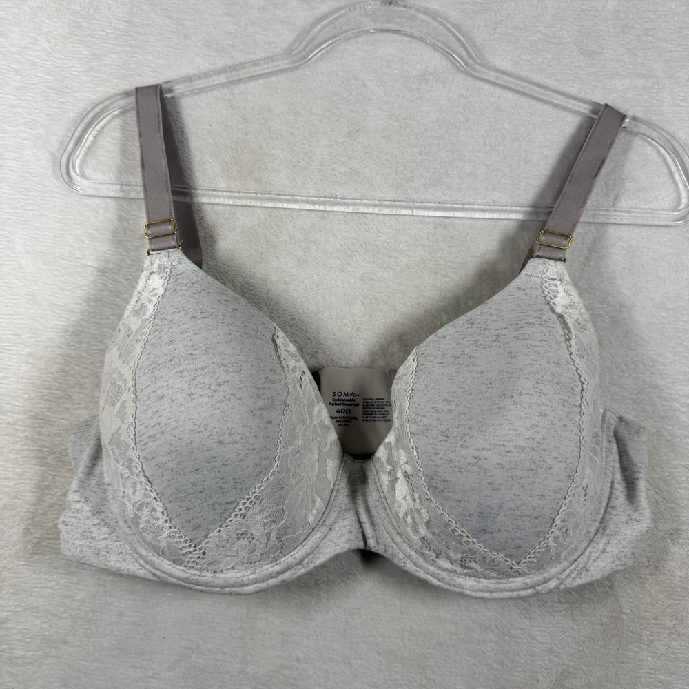 Soma Embraceable Perfect Coverage Bra 40D Gray Heather Lace Underwire 062101